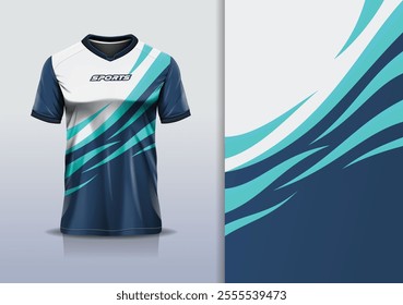 T-shirt mockup abstract curve line jersey design for football, soccer, racing, esports, running, in blue white  green white color