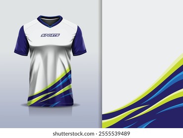 T-shirt mockup abstract curve line jersey design for football, soccer, racing, esports, running, in blue navy yellow white color