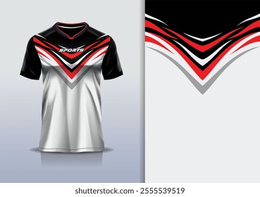 T-shirt mockup abstract curve line jersey design for football, soccer, racing, esports, running, in black white red color
