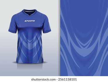 T-shirt mockup abstract curve line sport jersey design for football, soccer, racing, esports, running, in blue color