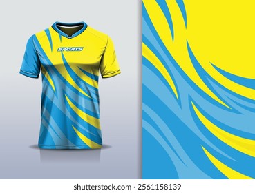 T-shirt mockup abstract curve line sport jersey design for football, soccer, racing, esports, running, in blue yellow color