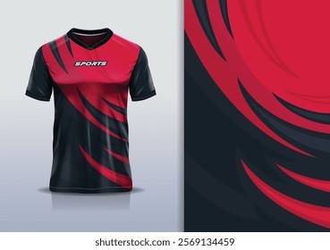 T-shirt mockup abstract curve line sport jersey design for football, soccer, racing, esports, running, in red black color