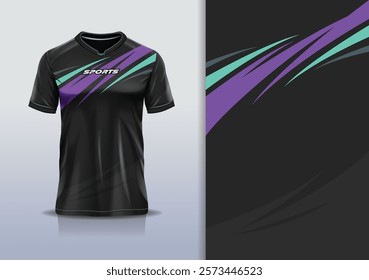 T-shirt mockup abstract curve line sport jersey design for football, soccer, racing, esports, running, in purple green black color