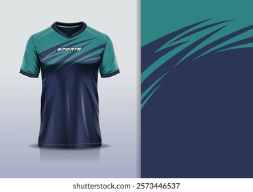 T-shirt mockup abstract curve line sport jersey design for football, soccer, racing, esports, running, in  green blue color