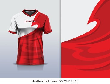 T-shirt mockup abstract curve line sport jersey design for football, soccer, racing, esports, running, in red white color