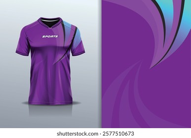 T-shirt mockup abstract curve line sport jersey design for football, soccer, racing, esports, running, in purple blue color