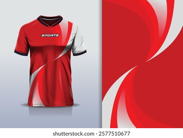 T-shirt mockup abstract curve line sport jersey design for football, soccer, racing, esports, running, in red white color