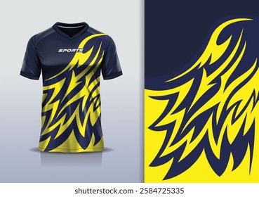 T-shirt mockup abstract curve line sport jersey design for football, soccer, racing, esports, running, in yellow blue color