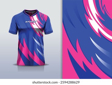 T-shirt mockup abstract curve line sport jersey design for football, soccer, racing, esports, running, in blue pink color