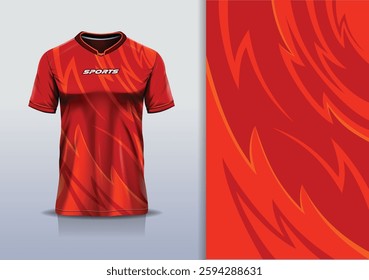 T-shirt mockup abstract curve line sport jersey design for football, soccer, racing, esports, running, in red orange color