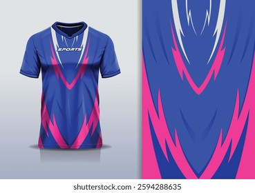 T-shirt mockup abstract curve line sport jersey design for football, soccer, racing, esports, running, in blue pink color