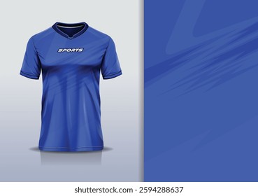 T-shirt mockup abstract curve line sport jersey design for football, soccer, racing, esports, running, in blue color