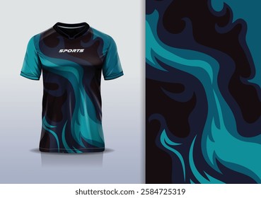 T-shirt mockup abstract fire flame sport jersey design for football, soccer, racing, esports, running, in green black color 