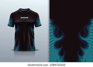 T-shirt mockup abstract fire flame sport jersey design for football, soccer, racing, esports, running, in green black color 