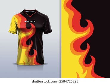 T-shirt mockup abstract fire flame sport jersey design for football, soccer, racing, esports, running, in red black color 