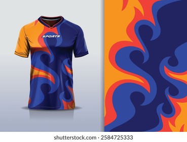 T-shirt mockup abstract fire flame sport jersey design for football, soccer, racing, esports, running, in blue black color 