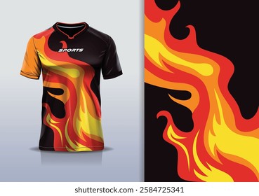 T-shirt mockup abstract fire flame sport jersey design for football, soccer, racing, esports, running, in red black color 