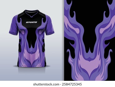 T-shirt mockup abstract fire flame sport jersey design for football, soccer, racing, esports, running, in purple black color 