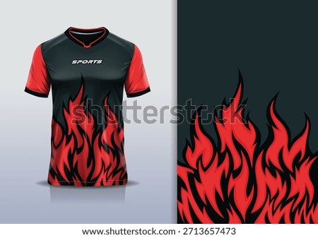 T-shirt mockup abstract fire flame sport jersey design for football, soccer, racing, esports, running, in red black color