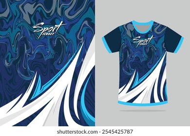 Maqueta de camiseta abstracta en escamas diseño de jersey deportivo para carreras de fútbol corriendo de color blanco y azul. Vector EPS 10