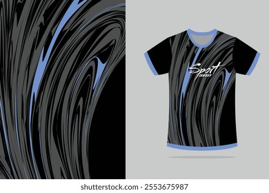 Tshirt mockup abstract flakes sport jersey design for football racing running in black and blue a color	