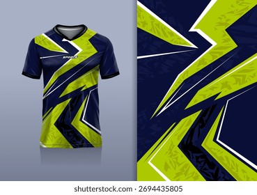 T-shirt mockup with abstract flash sharp lines sport jersey design for football, soccer, racing, esports, running, in blue navy green color