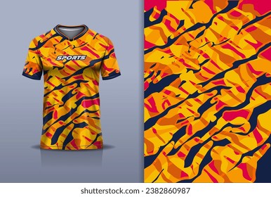 Tshirt mockup abstract grunge camouflage sport jersey design for football soccer, racing, esports, running, red yellow color