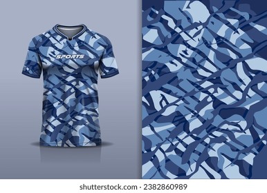 Tshirt mockup abstract grunge camouflage sport jersey design for football soccer, racing, esports, running, blue color