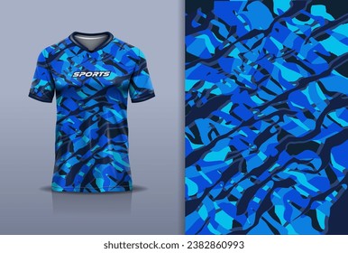 Tshirt mockup abstract grunge camouflage sport jersey design for football soccer, racing, esports, running, blue color