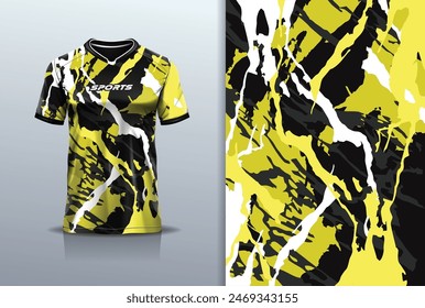 Tshirt mockup abstract grunge marble texture sport jersey design for football soccer, racing, esports, running, yellow black white color	