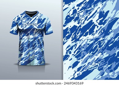 Tshirt mockup abstract grunge marble texture sport jersey design for football soccer, racing, esports, running, blue color	