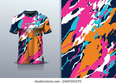 Tshirt mockup abstract grunge marble texture sport jersey design for football soccer, racing, esports, running, blue pink orange color	