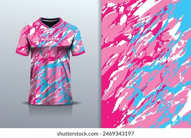 Tshirt mockup abstract grunge marble texture sport jersey design for football soccer, racing, esports, running, blue pink white color	