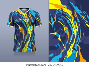 Tshirt mockup abstract grunge sport jersey design for football soccer, racing, esports, running, yellow blue color