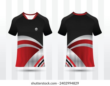 T-shirt mockup with abstract grunge sport jersey design for football, soccer, racing, esports, running, in red and black color