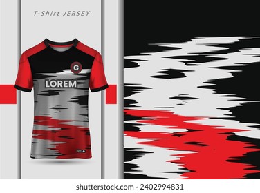 T-shirt mockup with abstract grunge sport jersey design for football, soccer, racing, esports, running, in red and black color