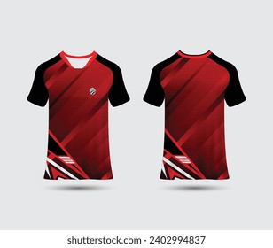 T-shirt mockup with abstract grunge sport jersey design for football, soccer, racing, esports, running, in red and black color