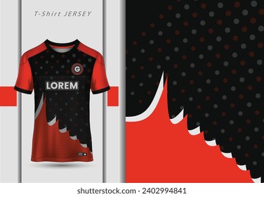 T-shirt mockup with abstract grunge sport jersey design for football, soccer, racing, esports, running, in red and black color