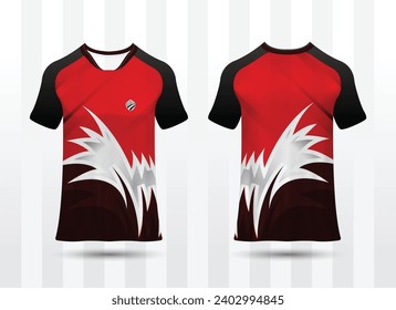 T-shirt mockup with abstract grunge sport jersey design for football, soccer, racing, esports, running, in red and black color