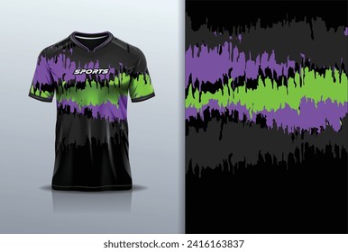 Tshirt mockup abstract grunge sport jersey design for football soccer, racing, esports, running, purple green black color