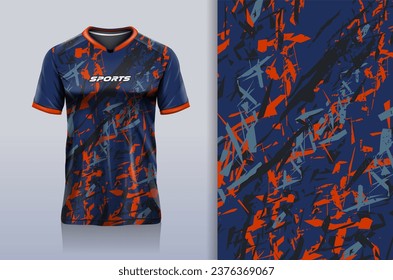 Tshirt mockup abstract grunge x sport jersey design for football soccer, racing, esports, running, orange dark blue color