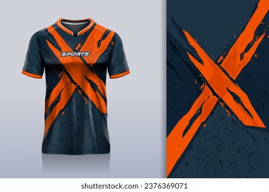 Tshirt mockup abstract grunge x sport jersey design for football soccer, racing, esports, running, orange color