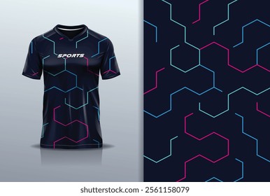 T-shirt mockup abstract hexagon line sport jersey design for football, soccer, racing, esports, running, in black red color