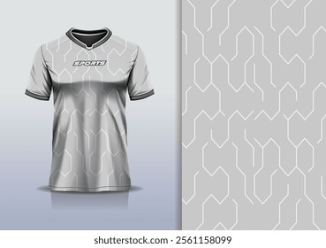 T-shirt mockup abstract hexagon line sport jersey design for football, soccer, racing, esports, running, in gray white color