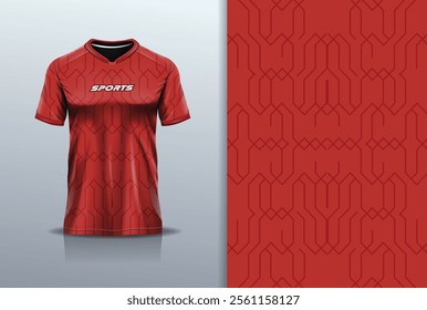 T-shirt mockup abstract hexagon line sport jersey design for football, soccer, racing, esports, running, in red brick color