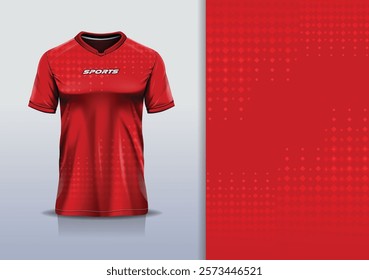 T-shirt mockup abstract hexagon line sport jersey design for football, soccer, racing, esports, running, in red color