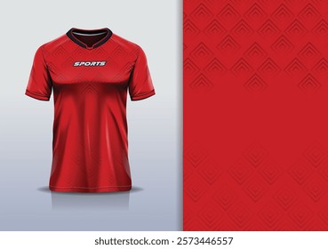 T-shirt mockup abstract hexagon line sport jersey design for football, soccer, racing, esports, running, in red color