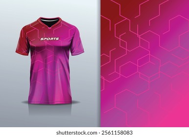 T-shirt mockup abstract hexagon sport jersey design for football, soccer, racing, esports, running, in red blue gradient color