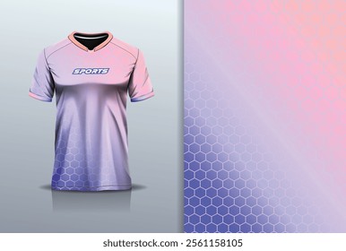 T-shirt mockup abstract hexagon sport jersey design for football, soccer, racing, esports, running, in pink blue gradient pastel color