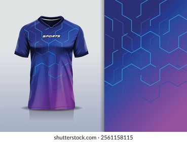 T-shirt mockup abstract hexagon sport jersey design for football, soccer, racing, esports, running, in pink blue gradient color